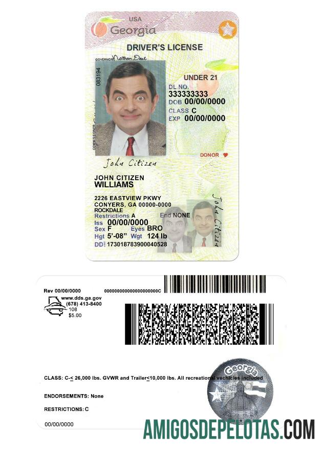 Carta de condução dos EUA na Geórgia com menos de 21 anos 2017 2019 exemplo real